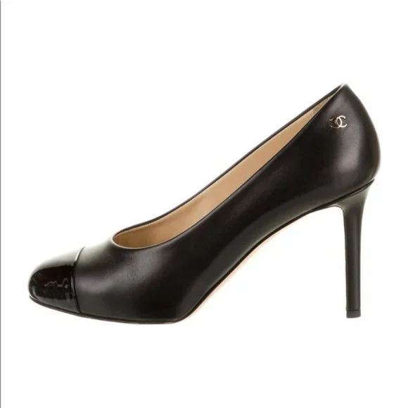 CHANEL Black Leather Cap Toe Pumps Size 37 - Picture 1 of 12